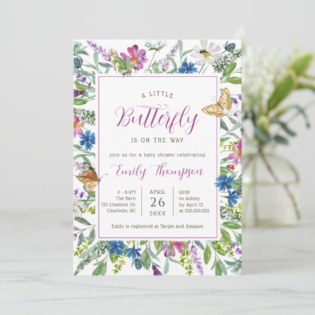 Invitación Pequeña mariposa primavera flor silvestre Baby Sho (Anverso de pie)