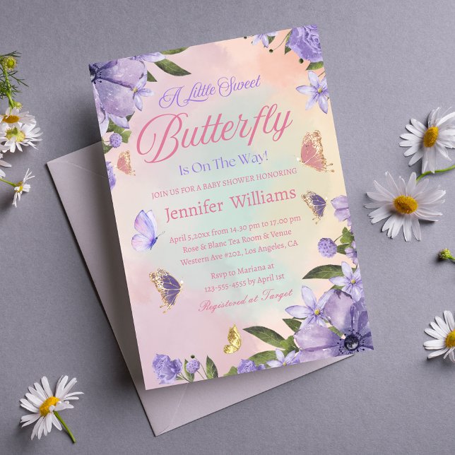 Invitación pequeña mariposa rosa flores púrpura bebé ducha (Subido por el creador)