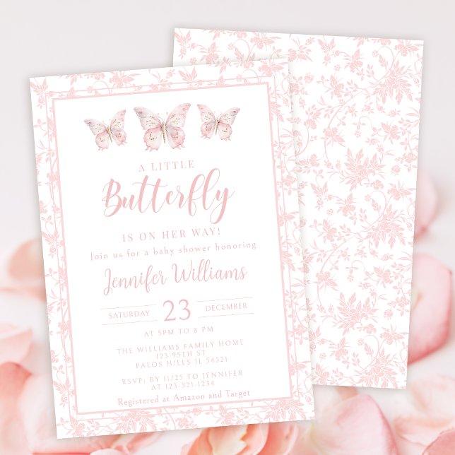 Invitación Pequeña mariposa rosa florida ducha de bebé (Subido por el creador)
