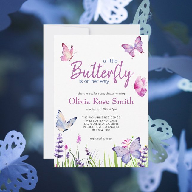 Invitación Pequeña mariposa rosa morado Chica Baby Shower (Subido por el creador)