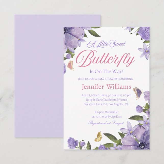 Invitación pequeña mariposa rosa púrpura ducha de bebé floral (Anverso / Reverso)