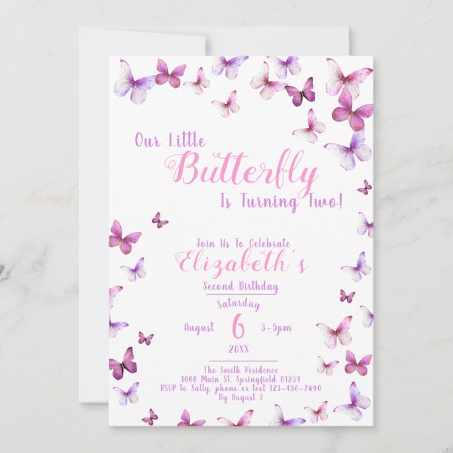 Invitación Pequeña Mariposa Segundo Chica Rosa de Cumpleaños (Anverso)