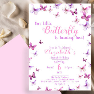 Invitación Pequeña Mariposa Segundo Chica Rosa de Cumpleaños