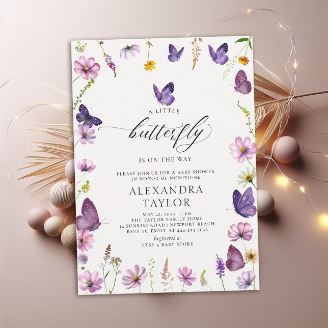 Invitación Pequeña mariposa Wilple Purple Pink Baby Shower (little butterfly baby girl shower invitation purple pink garden watercolor spring summer cottage)