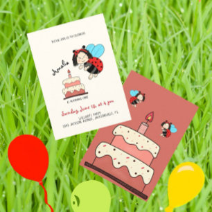 Invitación Pequeña mariquita con pastel