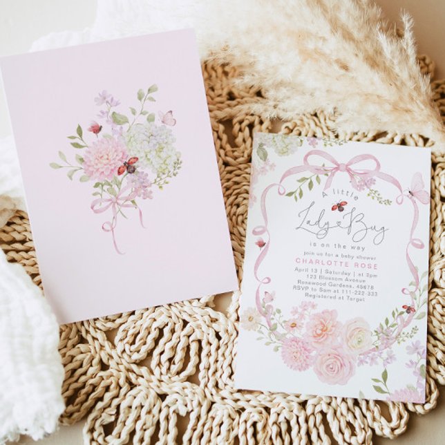 Invitación Pequeña Mariquita Lazo Rosa Flor Silvestre Baby Sh (Subido por el creador)