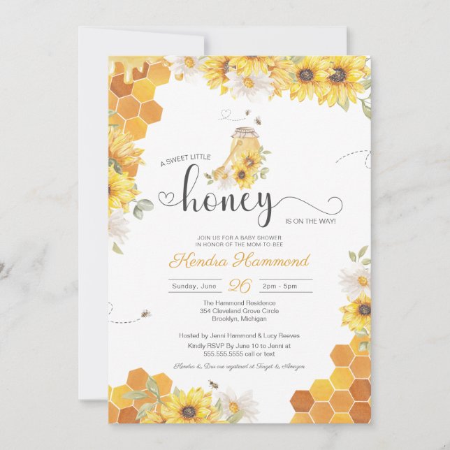 Invitación Pequeña miel, Baby Shower de girasol de mamá a bee (Anverso)