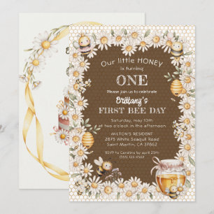Invitación Pequeña Miel Cumple Un Año Abejas Margarita Cumple
