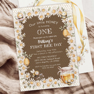 Invitación Pequeña Miel Cumple Un Año Abejas Margarita Cumple