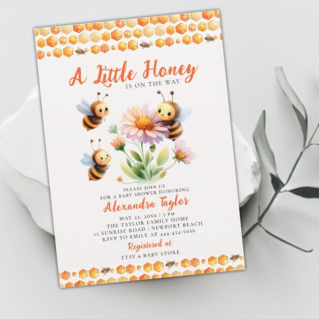 Invitación Pequeña miel de abejas con leche de flores silvest (little honey bee baby girl shower invitation watercolor illustration cute whimsical wildflower)