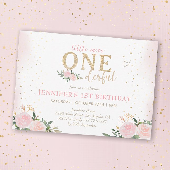 Invitación Pequeña Miss Floral Rosa Maravillosa Primer Cumple (Subido por el creador)