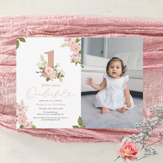 Invitación Pequeña Miss Floral Rosa Maravillosa Primer Cumple (Subido por el creador)