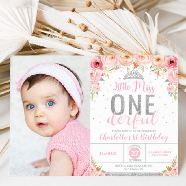 Invitación Pequeña Miss Floral Rosa Maravillosa Primer Cumple (Subido por el creador)