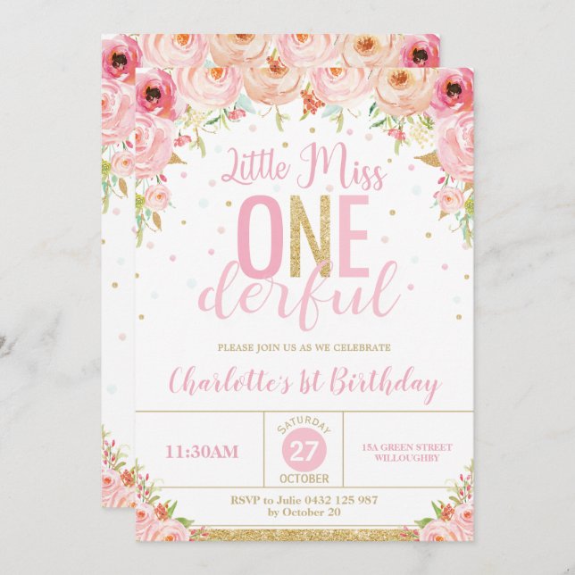 Invitación Pequeña Miss Floral Rosa Maravillosa Primer Cumple (Anverso / Reverso)
