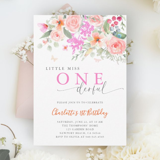 Invitación Pequeña Miss Maravillosa Chica Brillante Primer cu (little miss onederful girls 1st birthday invite colorful garden wildflowers watercolor calligraphy)