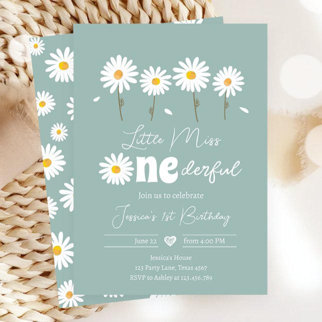 Invitación Pequeña Miss Maravillosa Daisy Dusty Blue Birday (Subido por el creador)