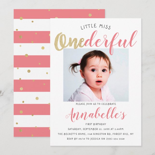Invitación Pequeña Miss Maravillosa Foto Primer Cumpleaños (Anverso / Reverso)