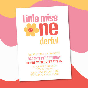 Invitación Pequeña Miss Maravillosa Retro Groovy Primer Cumpl