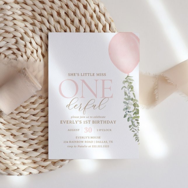 Invitación Pequeña Miss Maravilloso Globo Rosa Primer Cumplea (Subido por el creador)