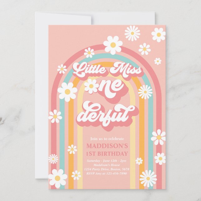 Invitación Pequeña Miss Maravilloso Groovy Arcoiris Primer cu (Anverso)