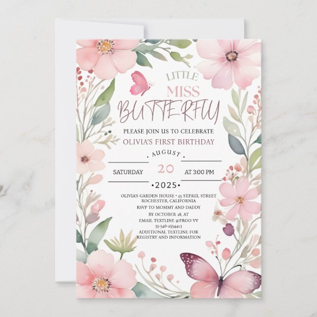 Invitación Pequeña Miss Mariposa Rosa Floral Primer cumpleaño (Anverso)