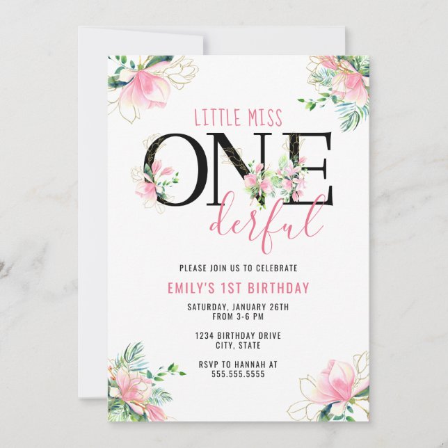 Invitación Pequeña Miss ONE Chicas Maravillosos Primer cumple (Anverso)