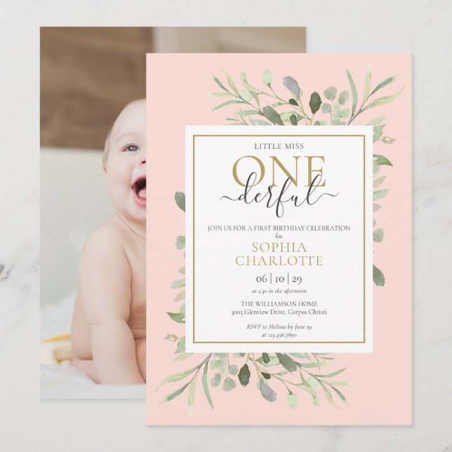 Invitación Pequeña Miss ONE, maravillosa Chica rosa, primera  (Anverso / Reverso)
