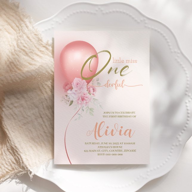 Invitación Pequeña Miss ONE, maravillosa floral rosa, primer  (Subido por el creador)