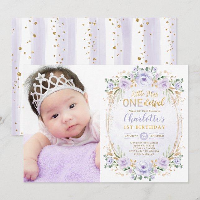Invitación Pequeña Miss ONE Maravilloso Purple Gold Floral Cu (Anverso / Reverso)