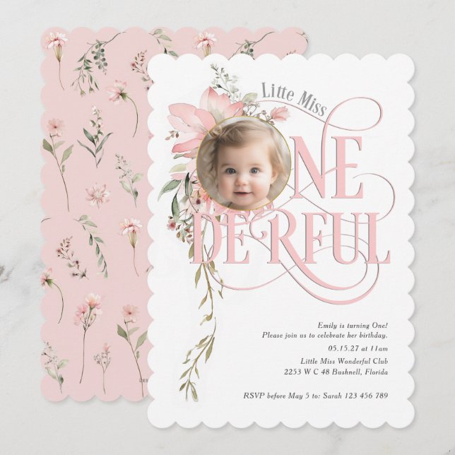 Invitación Pequeña Miss Onederland 1er cumpleaños Wildflower  (Anverso / Reverso)