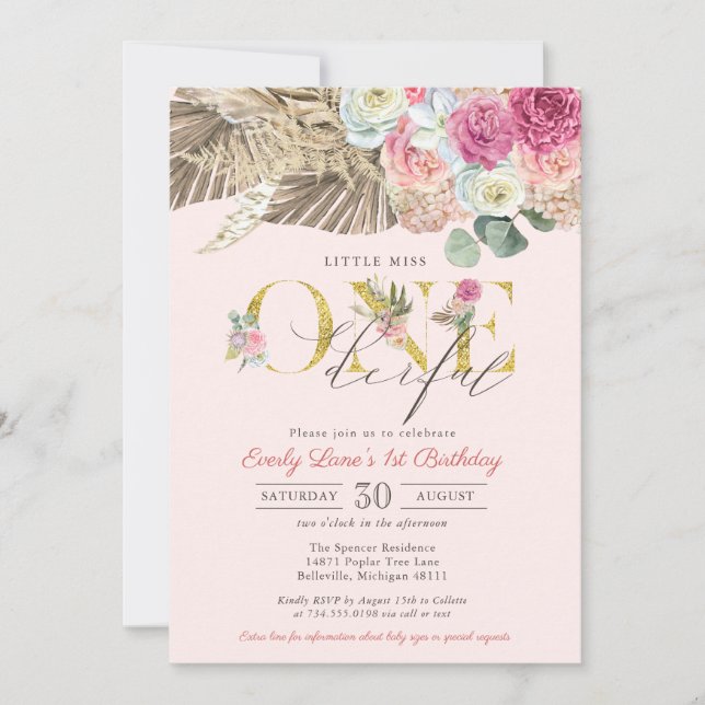 Invitación Pequeña Miss ONEMaravillosa Boho Floral Primer cum (Anverso)
