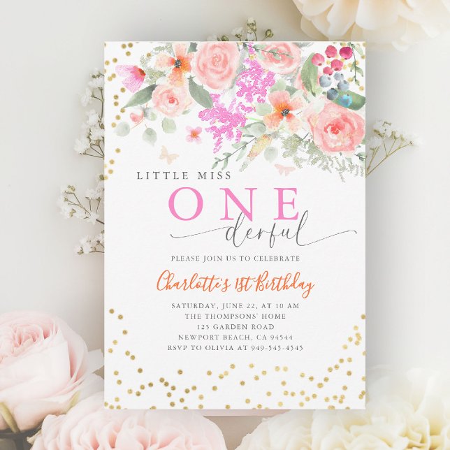 Invitación Pequeña Miss Onemaravillosa Chica vibrante primer  (little miss onederful girls 1st birthday invite happy garden wildflowers watercolor calligraphy cute)