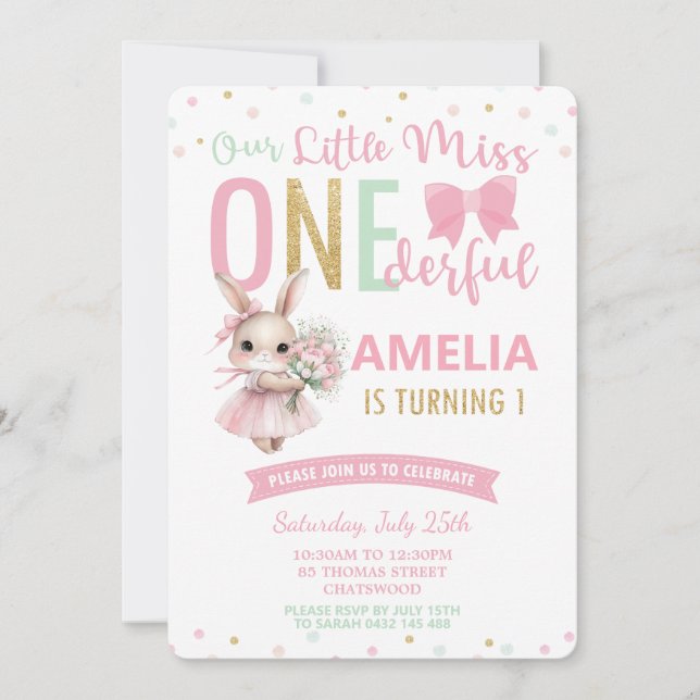 Invitación Pequeña Miss OneMaravillosa conejita de cumpleaños (Anverso)