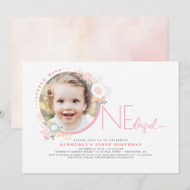 Invitación Pequeña Miss ONEMaravillosa Cuta Primera Foto de C (Anverso / Reverso)