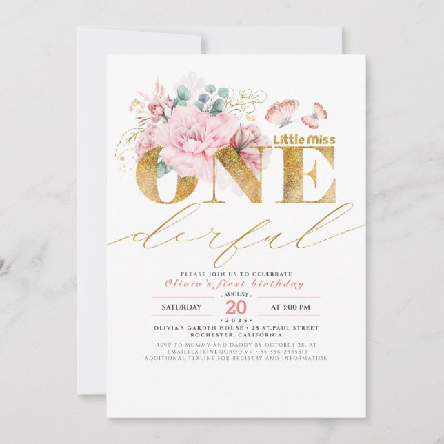 Invitación Pequeña Miss OneMaravillosa Purpurina de Oro Prime (Anverso)