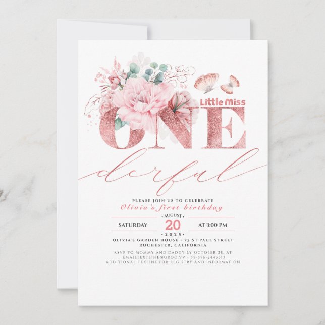 Invitación Pequeña Miss OneMaravillosa Rosa Oro Primer cumple (Anverso)
