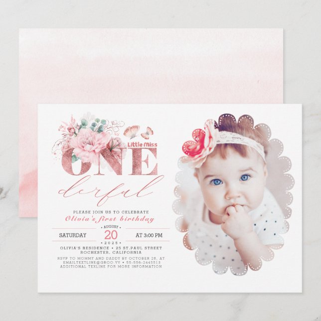 Invitación Pequeña Miss OneMaravillosa Rosa Oro Primer cumple (Anverso / Reverso)