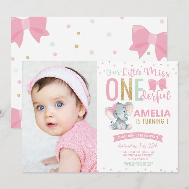 Invitación Pequeña Miss ONEmaravillosas foto de elefante de c (Anverso / Reverso)