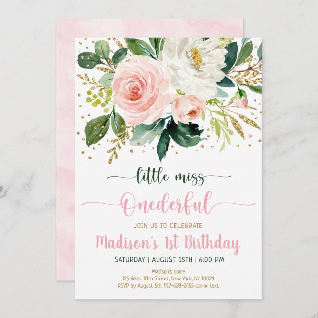 Invitación Pequeña Miss Onemaravilloso Boho Floral Cumpleaños (Anverso / Reverso)