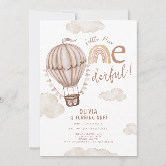 Invitación Pequeña Miss OneMaravilloso Globo de Aire Caliente (Anverso)
