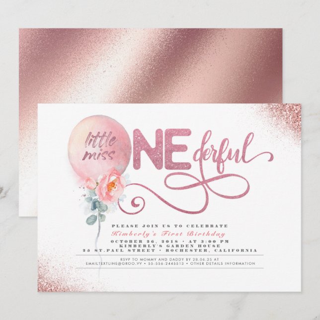 Invitación Pequeña Miss OneMaravilloso Globo Floral Primer cu (Anverso / Reverso)