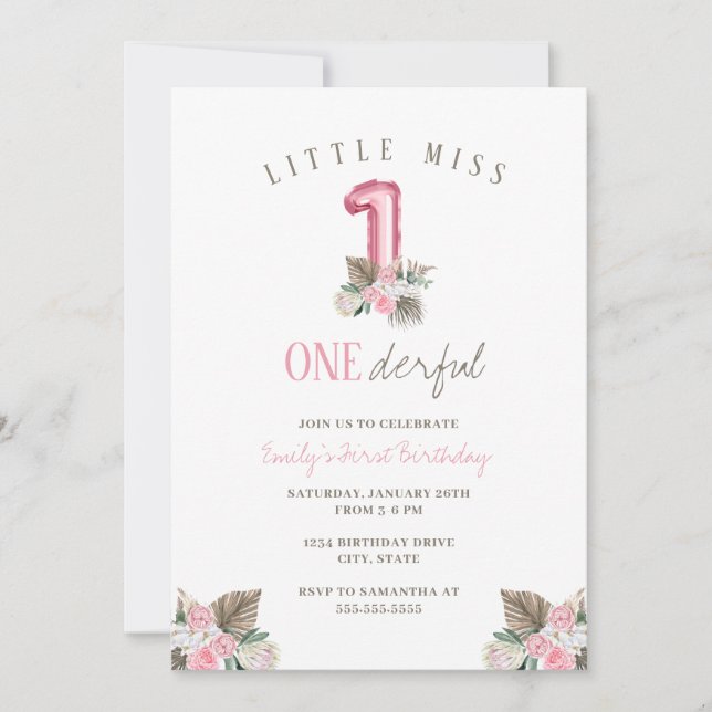 Invitación Pequeña Miss ONEmaravilloso primer cumpleaños (Anverso)