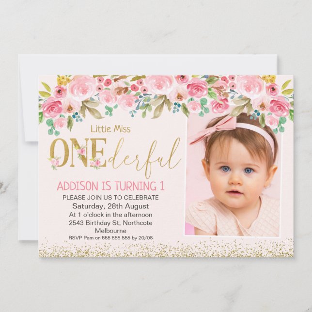 Invitación Pequeña Miss Oro Rosa Maravillosa Foto Cumpleaños (Anverso)