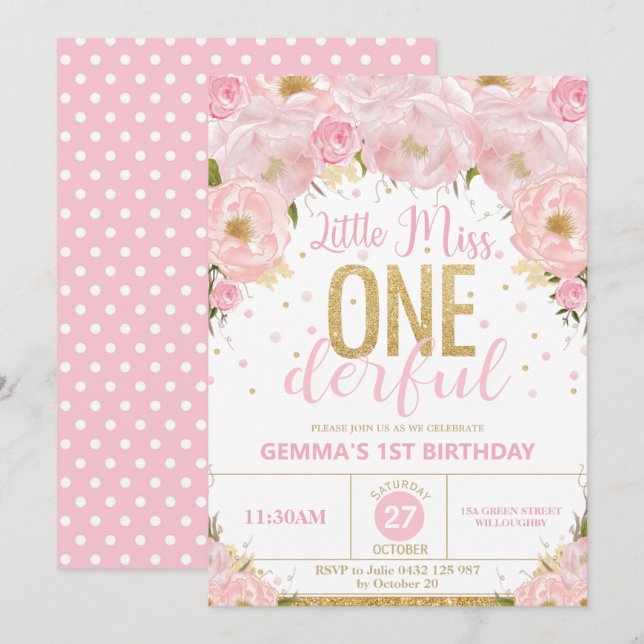 Invitación Pequeña Miss Rosa y Oro Maravilloso primer cumplea (Anverso / Reverso)