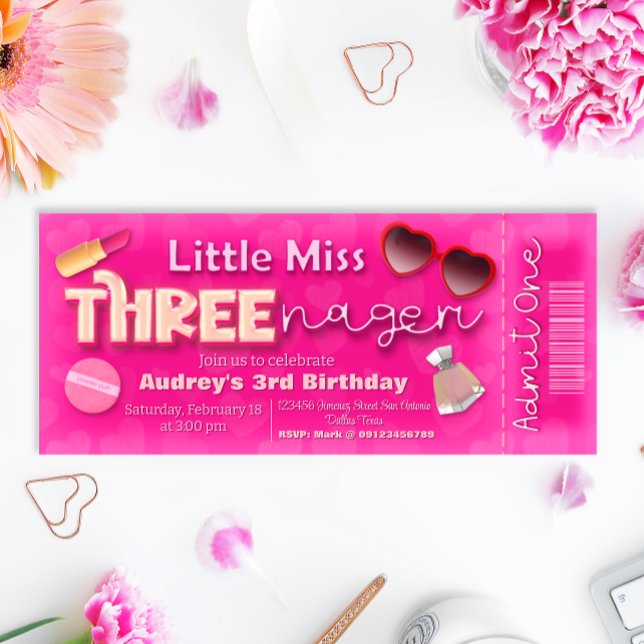 Invitación Pequeña Miss Threenager - Ticket de tercer cumplea (Little Miss Threenager - Girl 3rd Birthday Ticket Invitation)