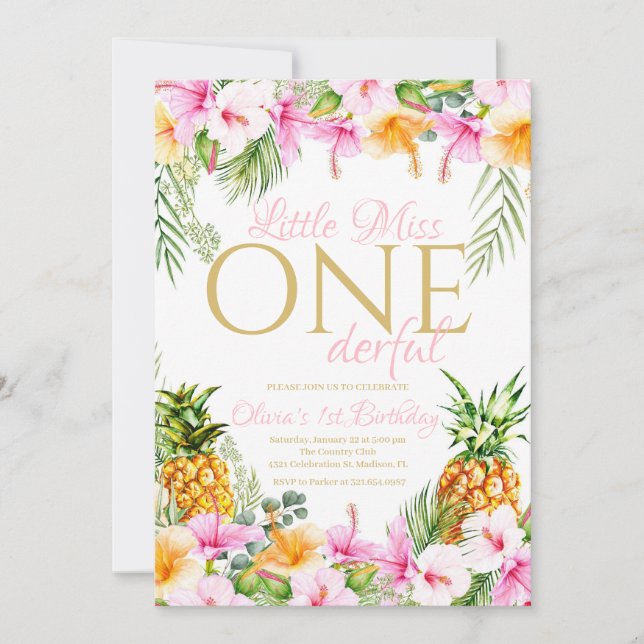 Invitación Pequeña Miss Tropical Floral Maravillosa Cumpleaño (Anverso)