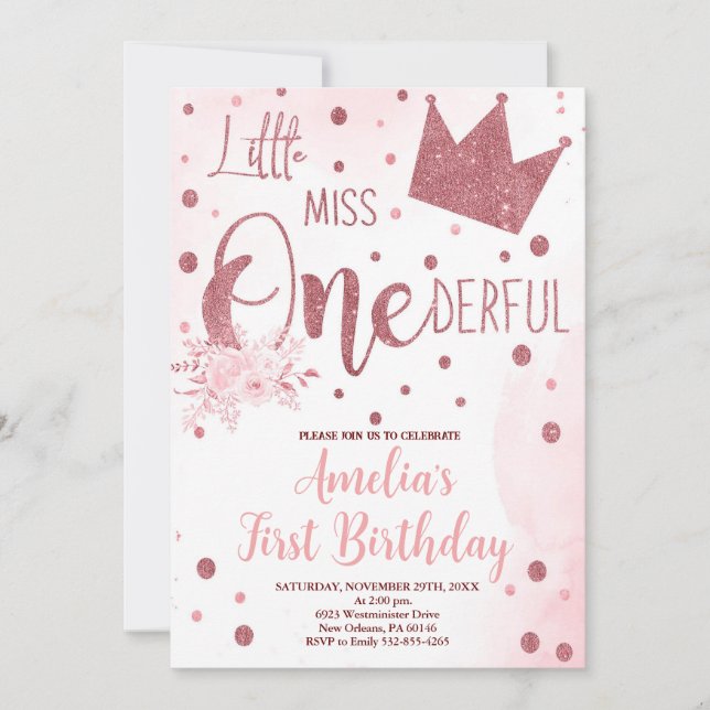 Invitación Pequeña Miss Un Maravilloso Cumpleaños, Primer Cum (Anverso)