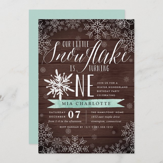 Invitación Pequeña Moneda De Snowflake Madera Rústica Primer  (Anverso / Reverso)