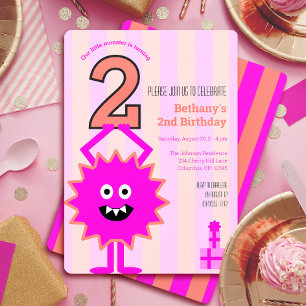 Invitación Pequeña Monstruo Rosa Caliente Cumpleaños 2 Niña L