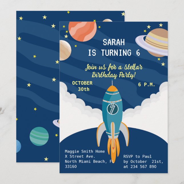 Invitación Pequeña niña astronauta sueña Fiesta de Cumpleaños (Anverso / Reverso)